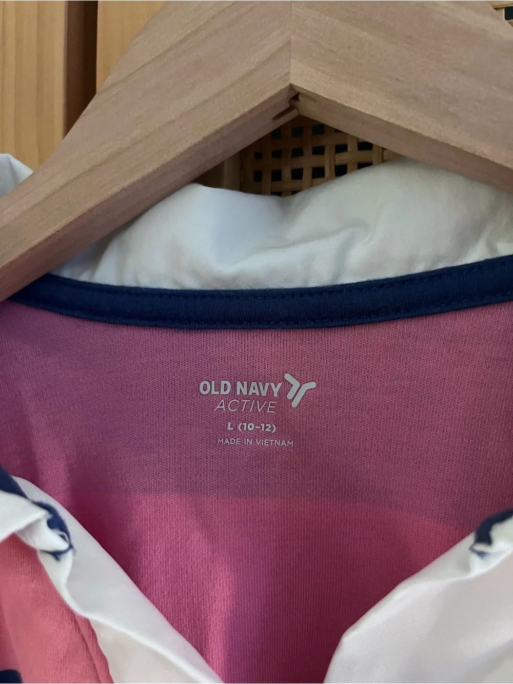 Old Navy Girls L Pink and Navy Striped V-Neck Rugby with White Collar